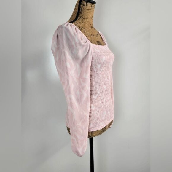 HALOGEN Smocked Long Puff Sleeve Blouse Sz S Light Pink & White - Picture 2 of 6